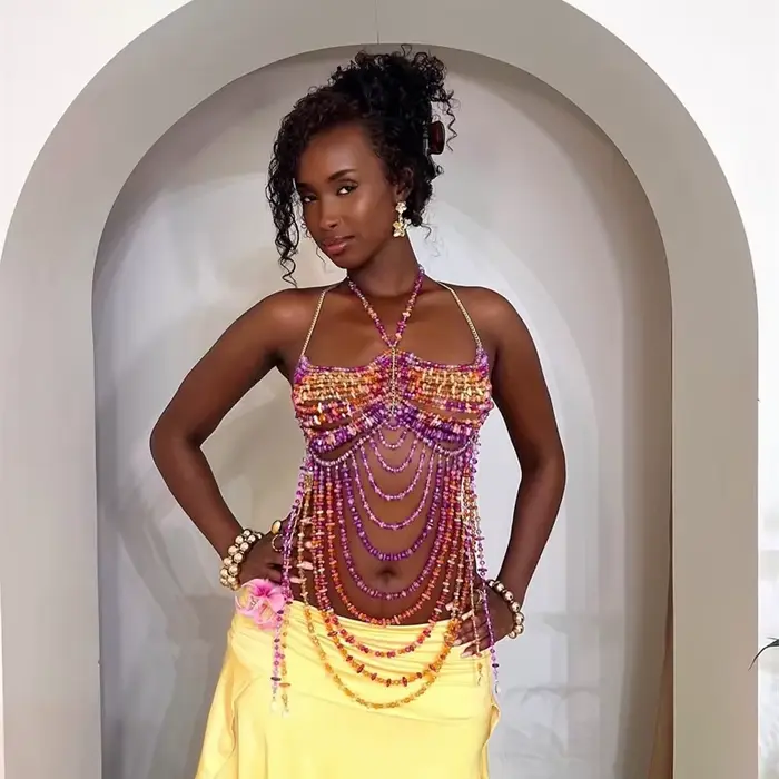 Robe de vacances 2025 nouvelles femmes Sexy à la main Multi perle chaîne de corps mode Bikini soutien-gorge licou romantique haut court maillots de bain bijoux