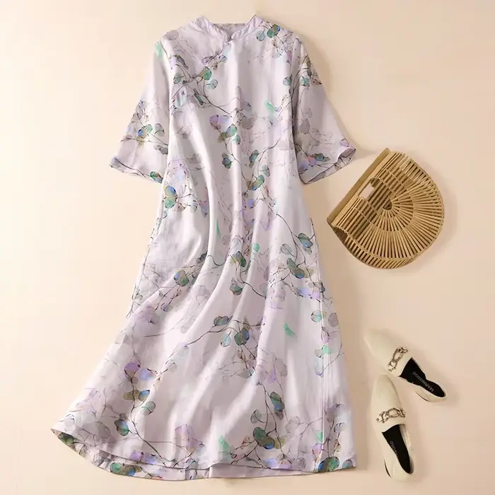 Robe ample en coton et lin imprimé pour femmes, nouveau style d'été, col montant artistique, manches