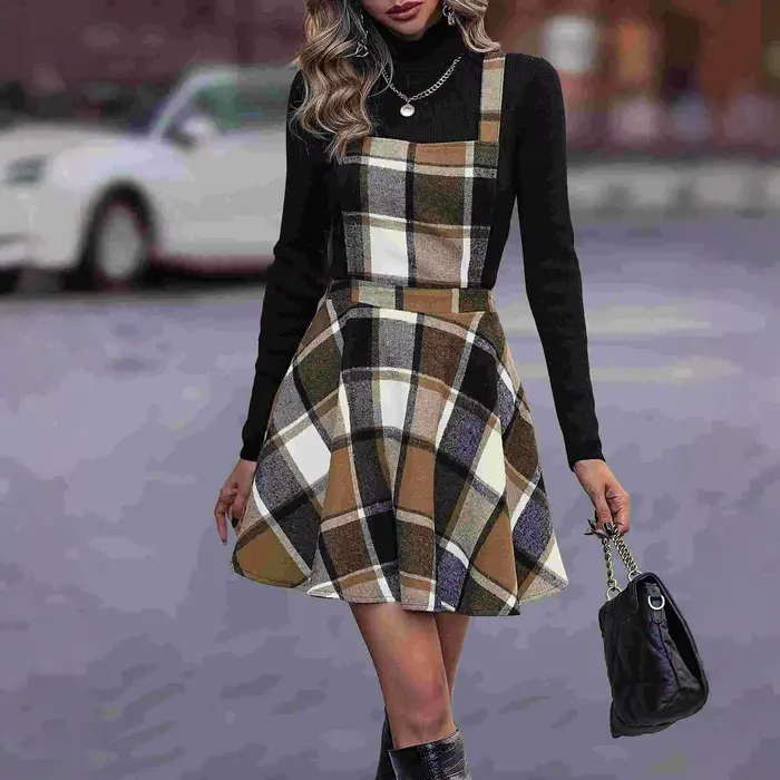 Robe chase à carreaux pour femmes, sans manches, ligne a, jupe à bretelles, taille haute, Vintage, T