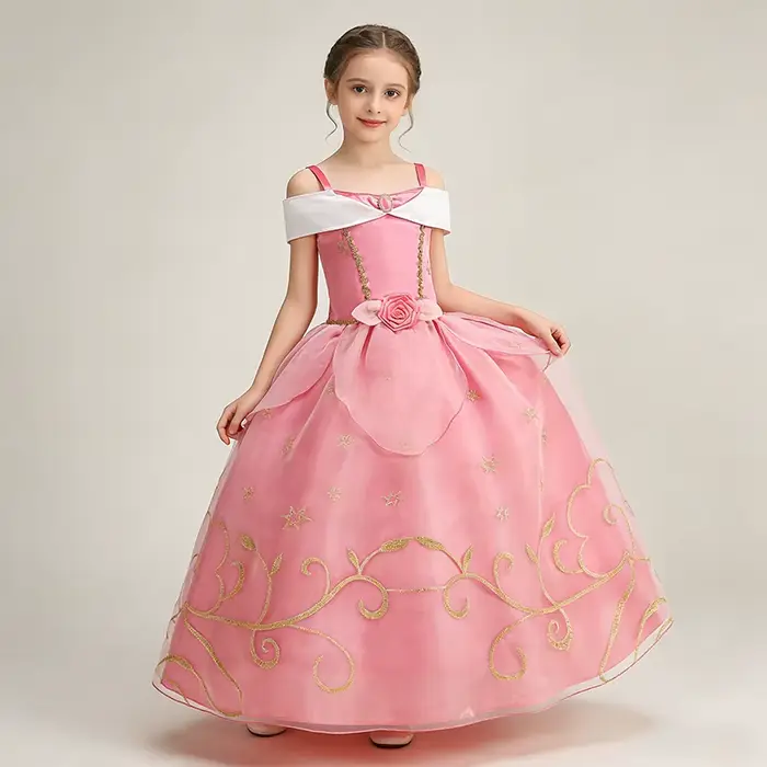 Robe de princesse en tulle brodé rose sur le thème d'Aurora pour filles