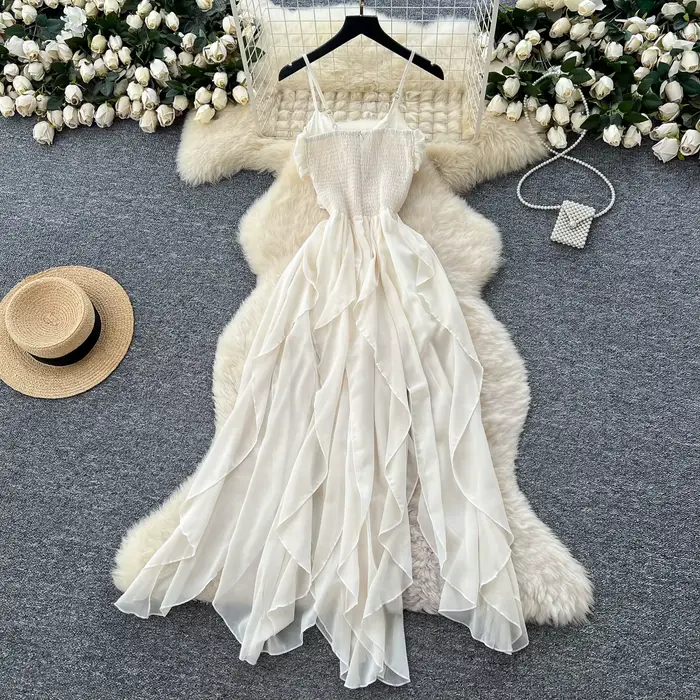 Chic vintage à volants maille asymétrique élégante fée mode coréenne Boho robe d'été femmes vêtements