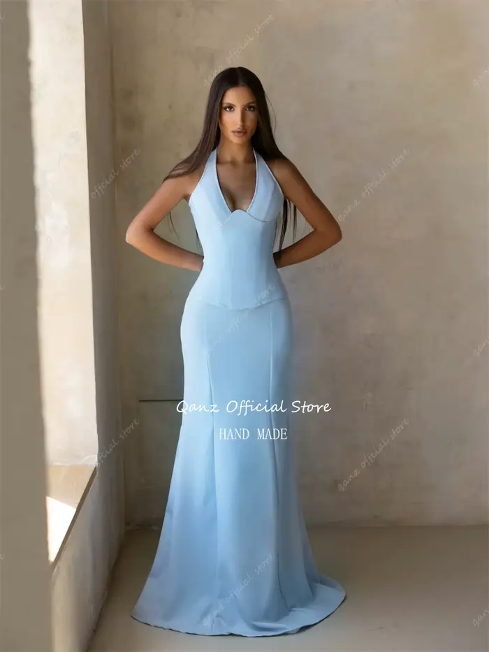 Qanz – robe de soirée en Satin bleu ciel