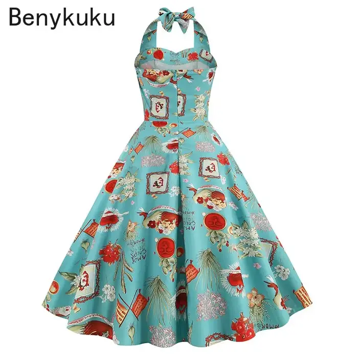 Robe rétro années 50 et 60 imprimé vintage pour femme, grande balançoire, sans manches, silhouette ligne, haute couture, mode rockabilly, occassions spéciales