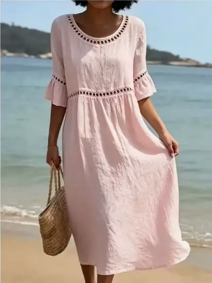 Robe en lin brodée à la française, robe midi ample à manches courtes à volants pour les vacances à la plage
