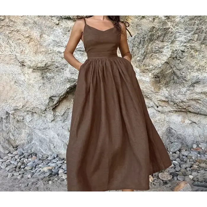 Robe longue à bretelles en coton et lin français, taille haute, Style vacances, printemps et été, 2026