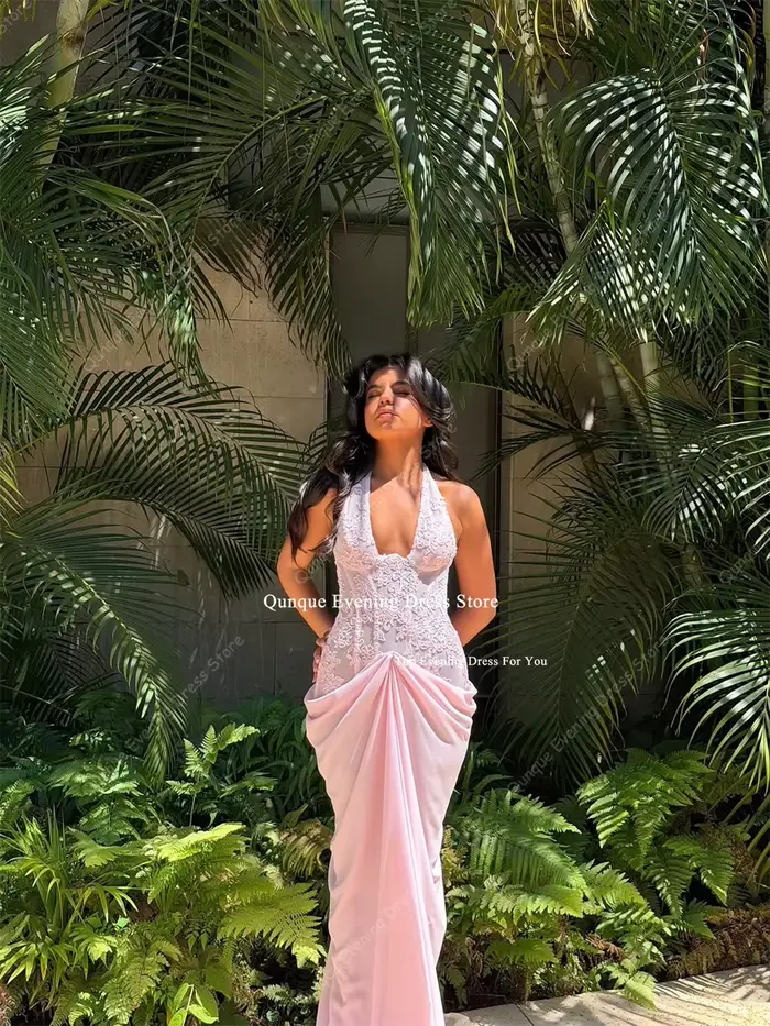 Robe de soirée rose sirène Qunque Beach, col halter, dentelle, Vestidos Verano Mujer, en mousseline, pour invitées de mariage, personnalisable
