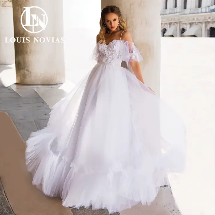 Modis-Robe de mariée A-ligne avec appliques de fleurs et manches évasées, robe de mariée, élégante,