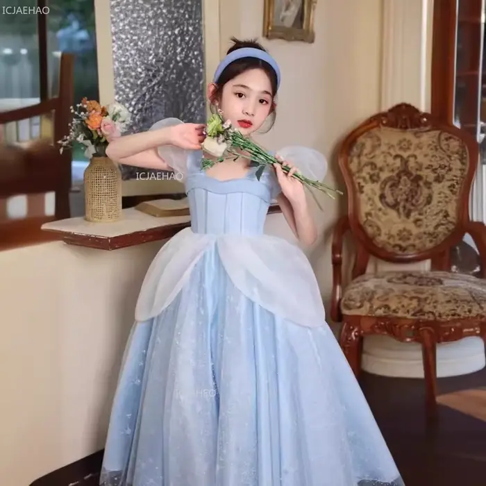 Robe de soirée princesse bleue pour filles, à fleurs, pour mariage, anniversaire, hôte, spectacle de Piano, spectacle, robe de célébration formelle