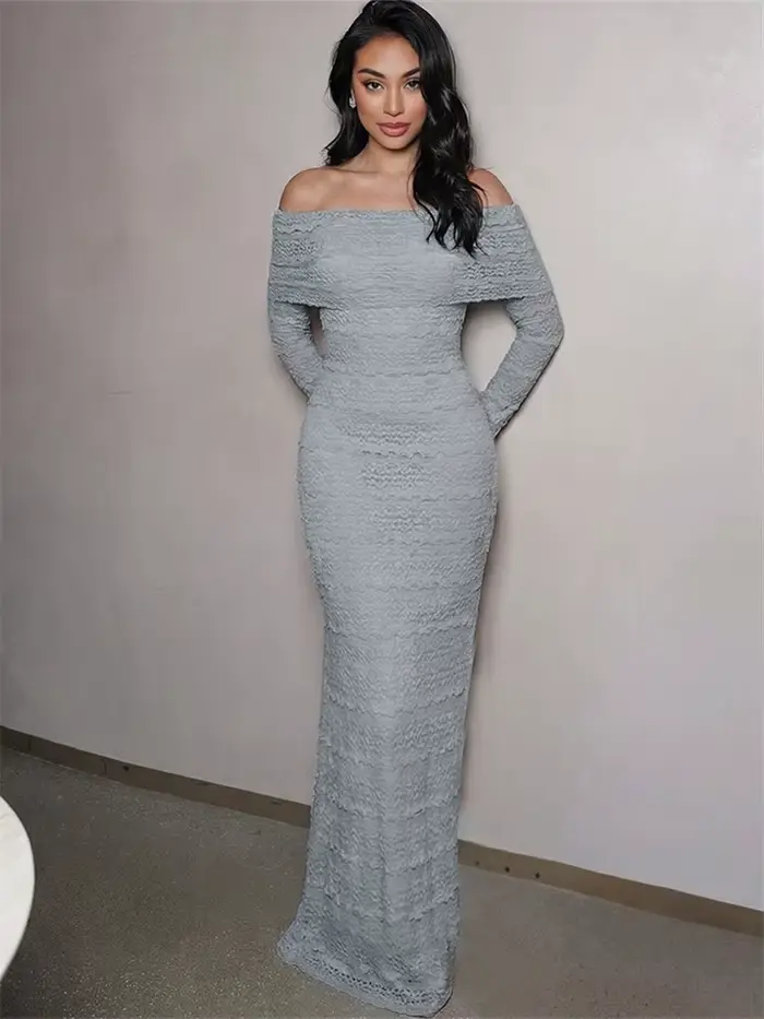 Robe longue élégante froncée Kliou col bateau dos nu manches longues taille haute pour femmes vacances plage soirées occassions spéciales