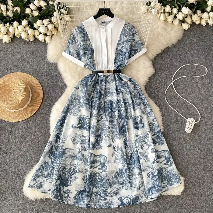 Robe Maxi Française Chic et Élégante Imprimée avec Manches Courtes Pour Femmes Occasions Spéciales Bureau Élégante