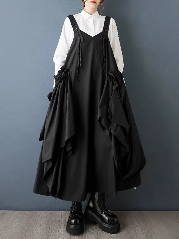 Robe plissée sans manches noire Vintage à bretelles pour femmes