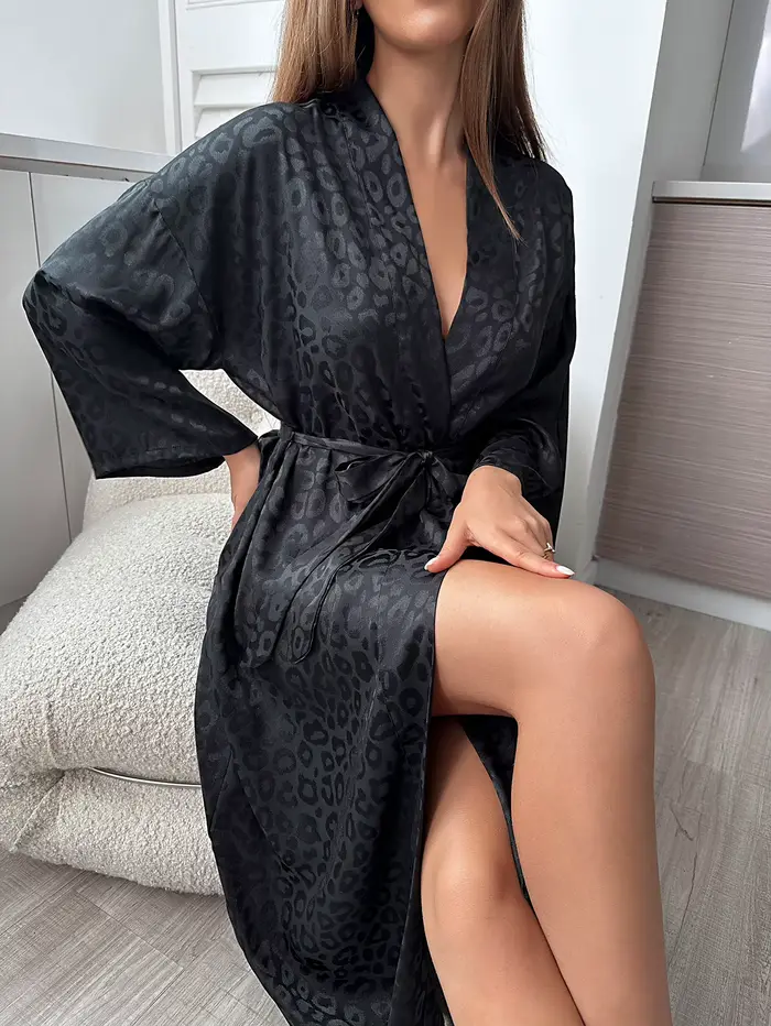 Femmes Robe noir imprimé léopard Kimono peignoir