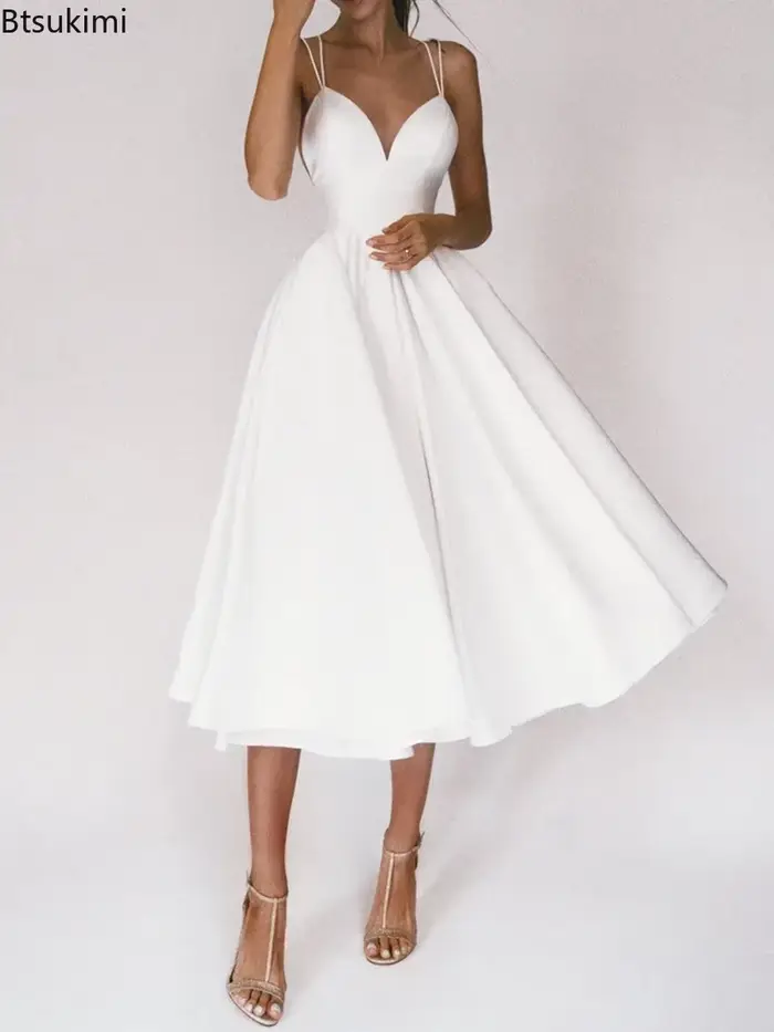 Robe de soirée élégante pour femmes, camisole sans manches, polyester, mi-mollet, col en V, pour mariages, soirées et occasions spéciales