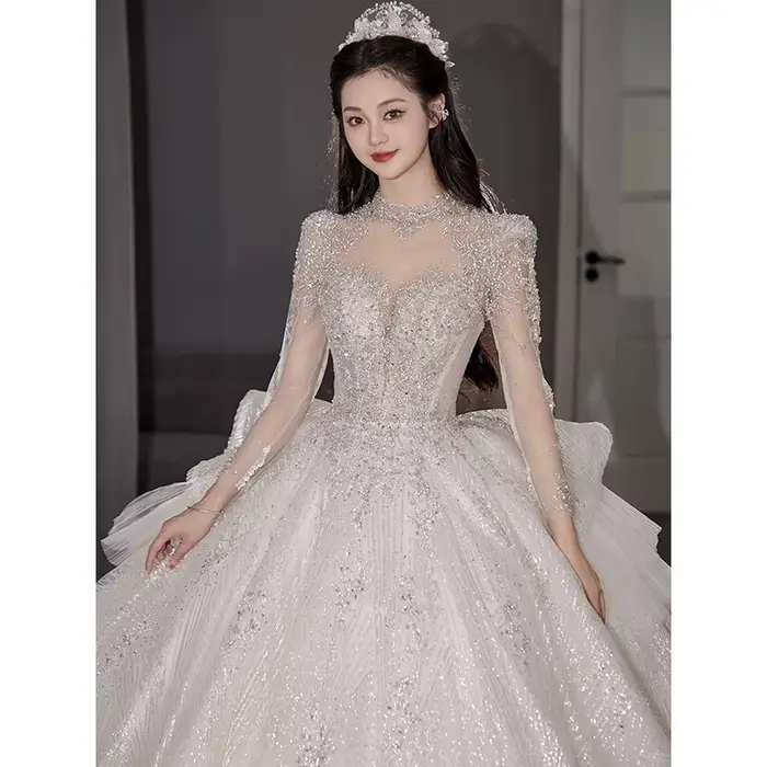 Robe de mariée rétro haut de gamme, palais de mariée, manches longues, dentelle, maille, ciel étoilé