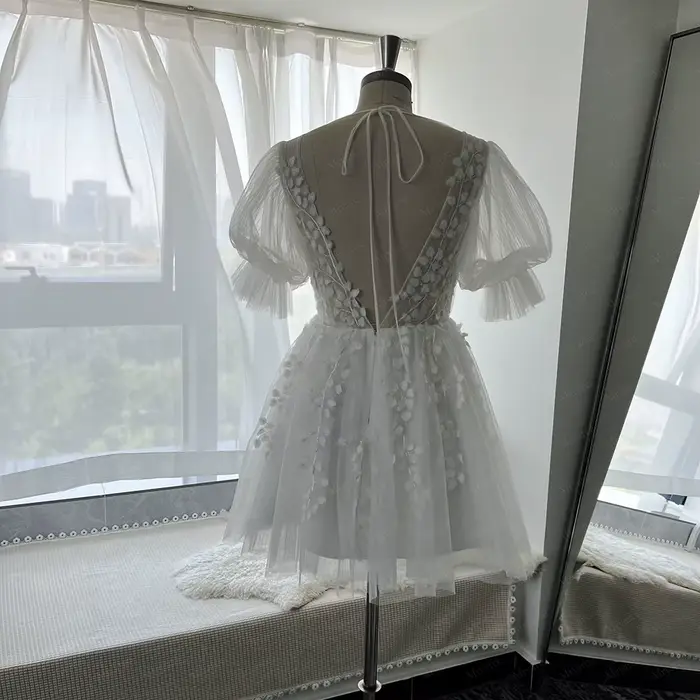 Mryarce Robe de mariée courte en tulle froncé avec manches bouffantes et dentelle