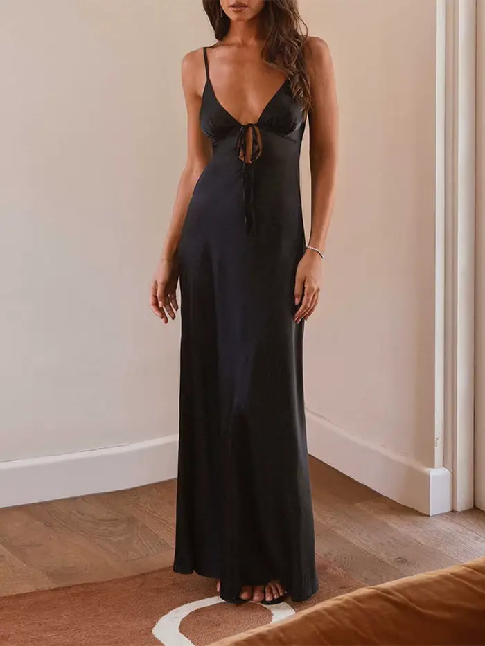 Robe longue en Satin pour femmes, tenue d'été à nouer sur le devant, col en V, couleur unie, sans ma
