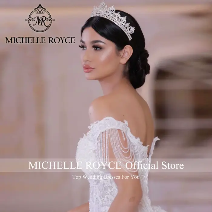Robe de bal Michelle Royce en polyester et soie avec train royal et décorations de perles et de cristal pour femmes à offrir pour des occasions spéciales