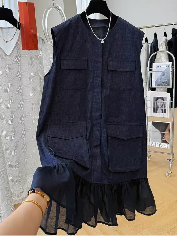 Robe sans manches pour femmes, col rond, mini, double boutonnage, polyester, silhouette une ligne, été 2024, coupe régulière, léger extensible, occasions estivales