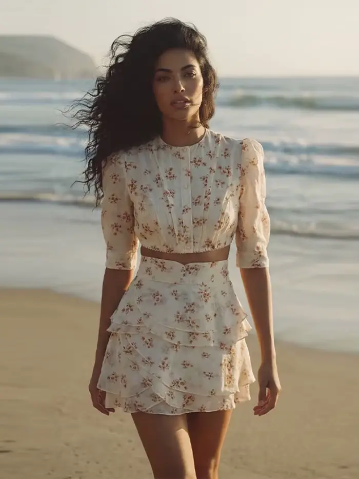 Ensemble chic pour femme en polyester avec robe florale et haut court à col rond pour les occasions estivales et spéciales