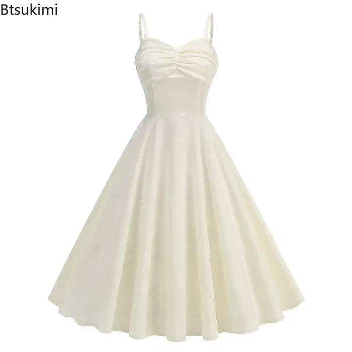 Robe vintage en jacquard blanche style chinois pour soirée de bal, anniversaire, fête, taille haute, froncée, col en V, coupe évasée pour femme occasions spéciales