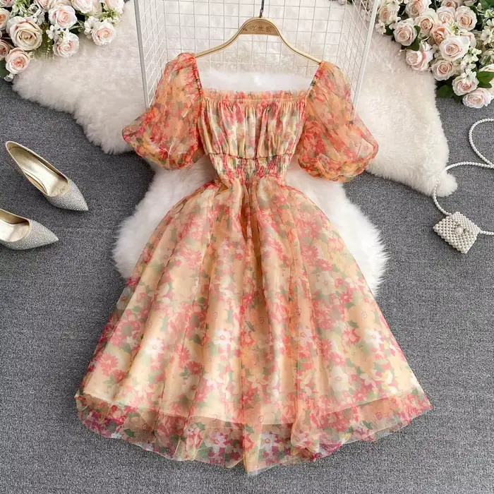 Robe de gâteau Dancing JL Ants imprimé floral chic française pour femmes, col carré, manches courtes bouffantes, silhouette élégante, occassions spéciales