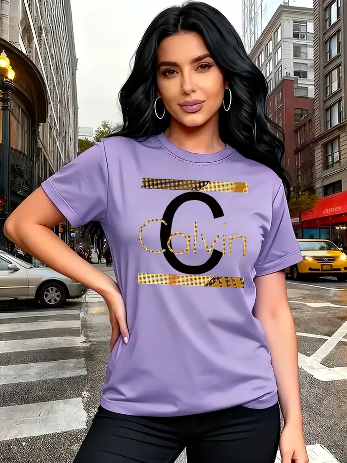 T-shirt pour femme Calvin Letter Print - Haut décontracté vert avec motif doré