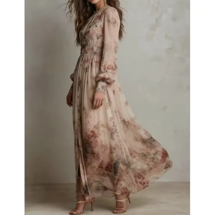 Robe longue plissée bohème vintage imprimée