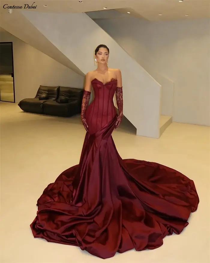 Contessa Dubai personnalisé vin rouge robe de bal sans bretelles avec manches en dentelle robes de noche cathédrale Train événements soirée formels
