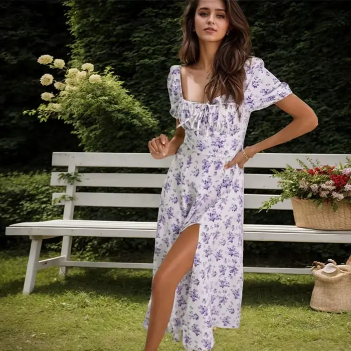 Robe trapèze fendue à manches bouffantes et imprimé floral pour femmes