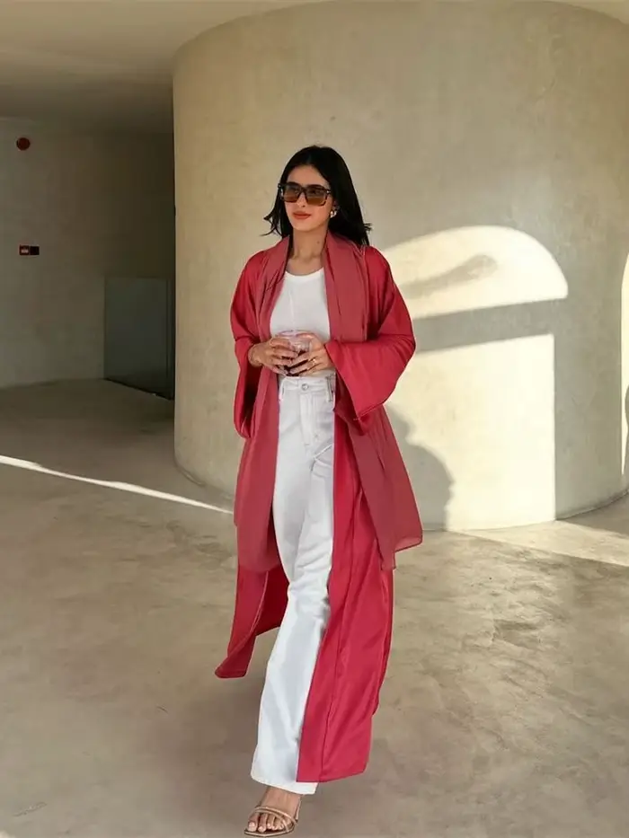 Abaya-Kimono en satin rose pour femmes