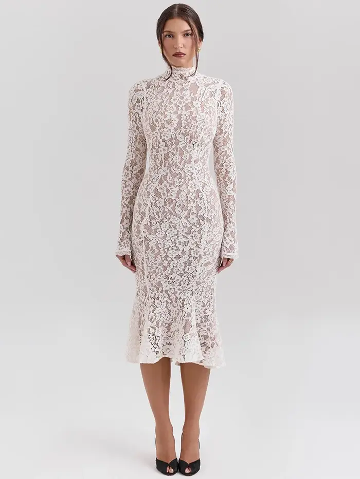 Robe longue en dentelle polyester pour femmes, style Y2K, col rond, taille haute, manches spaghetti, longueur cheville, pour soirées et clubs