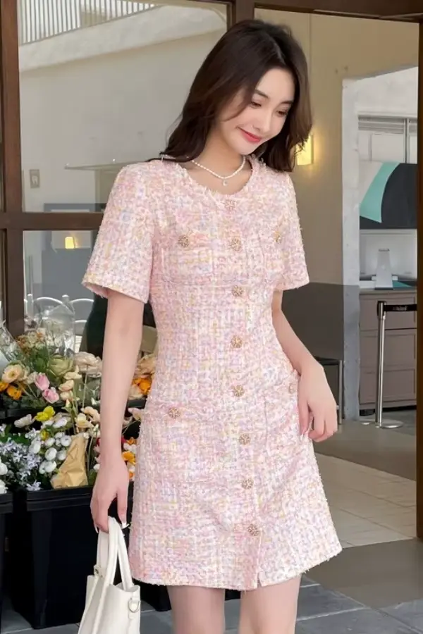 Robe pull en tweed pour femme junior style preppy coupe cintrée rose polyvalente automne printemps été 2025
