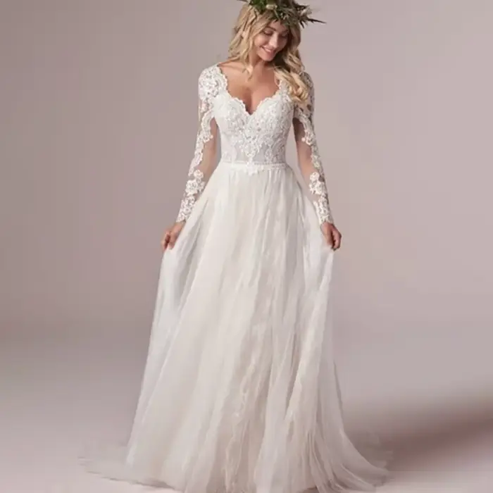 Robe de mariée personnalisée en mousseline de soie avec appliques en dentelle bohème, coupe trapèze, dos nu, longueur ras du sol, pour femmes occasions spéciales