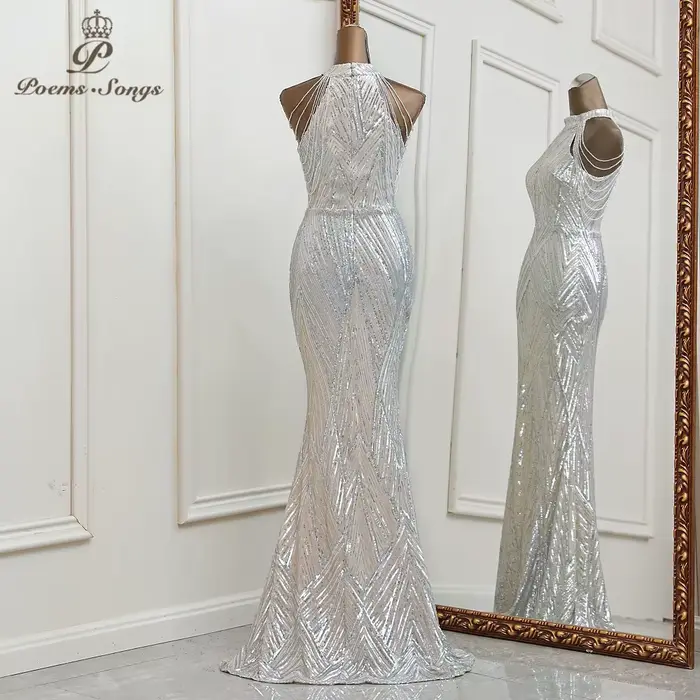 Robe de soirée sirène argentée personnalisée sans manches pour femmes, élégante et sophistiquée pour les soirées officielles et les occasions spéciales