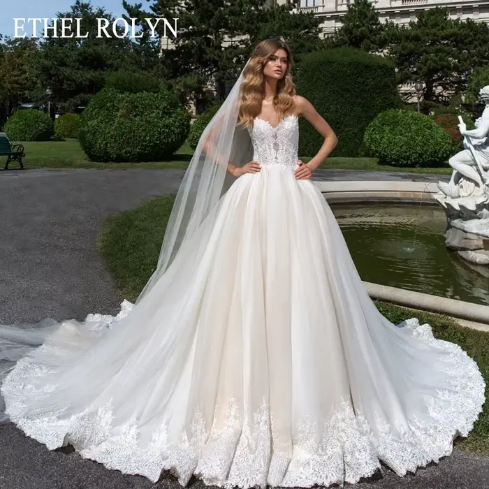 ETHEL ROCircN-Robe de Mariée Princesse pour Femme, Invisible, Sous la raq, avec Perles Appliquées, T