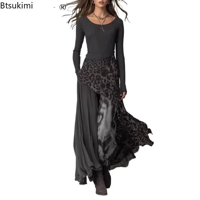 Robe longue élégante pour femme à imprimé léopard et empiècements, taille haute, pour soirées, printemps-automne, à manches longues et volants, style maxi occasions spéciales