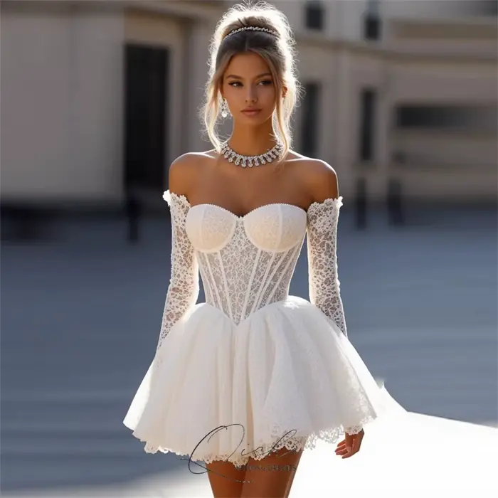 QICHE – robe de mariée trapèze courte en dentelle pour femmes, élégante, sans bretelles, épaules dén