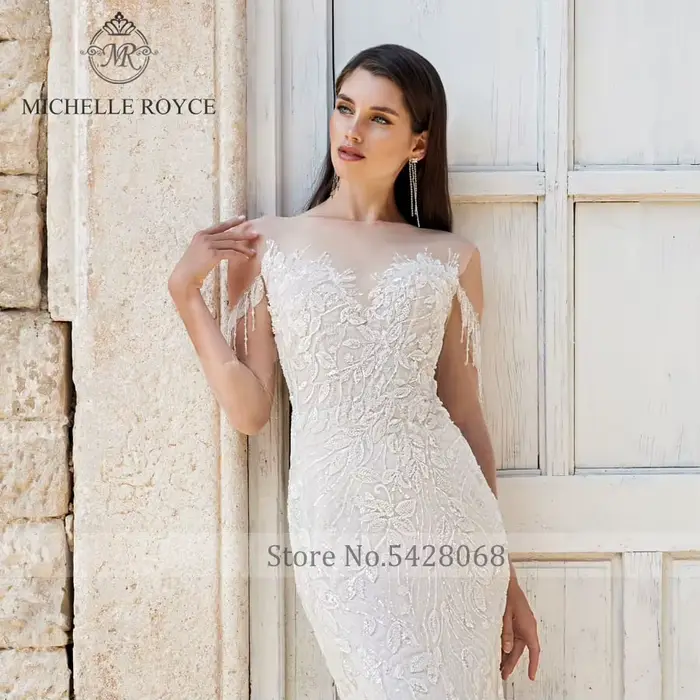 Michelle Royce-Robes de mariée sirène dos nu avec pompon