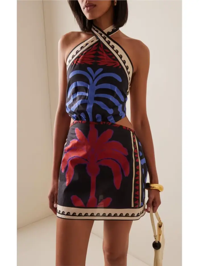 Nouvelle Robe Courte Bohème Imprimée à Col Halter pour Femme