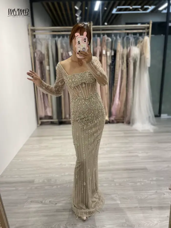 Robe MYMB sirène en polyester avec décoration en perles pour femmes, robes de soirée, mariage, gala, occasions spéciales