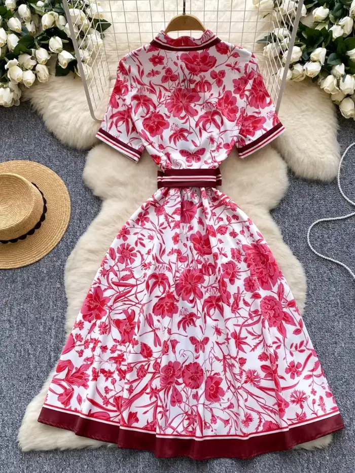 Robe d'été chic européenne pour femmes, imprimé, col rabattu, manches courtes, robe trapèze à lacets, occassions spéciales et quotidiennes