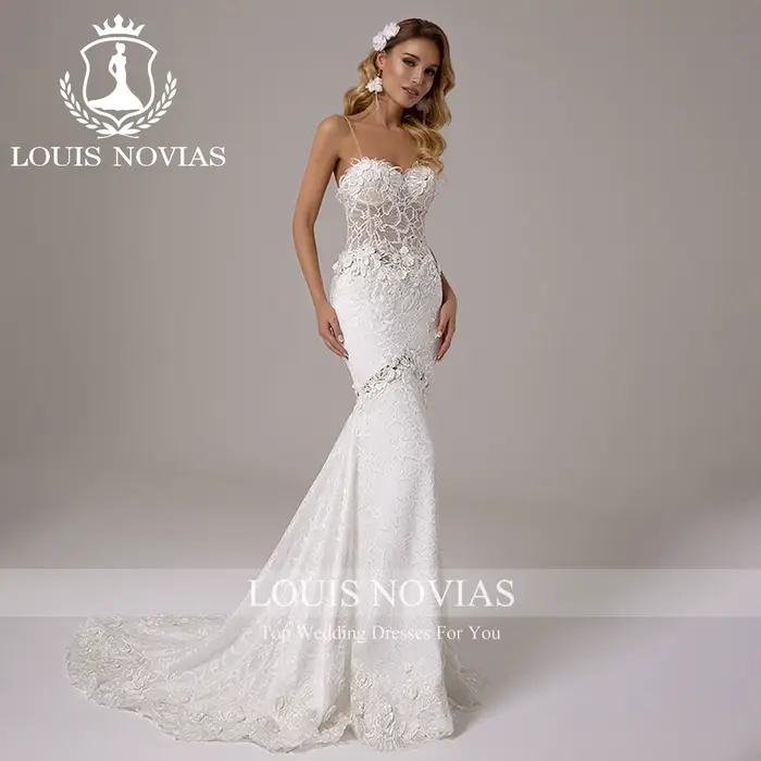 LOUIS NOVIAS robe De mariée sirène romantique bretelles Spaghetti fleurs 3D Appliques Illusion