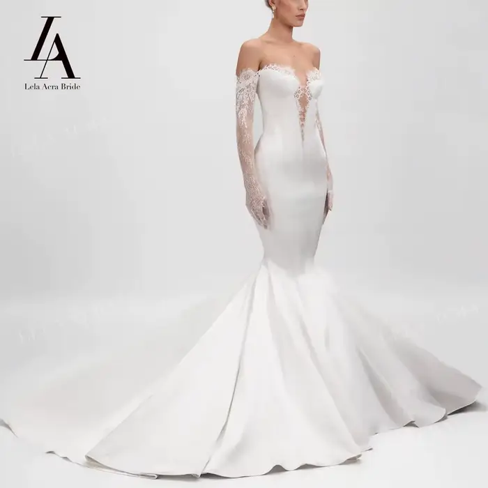 Robe de mariée sirène Lela Acra avec décolleté MON AMOUR, train de la cour, polyester satiné, sans dossier, pour femmes de tous âges, occasions spéciales de mariage
