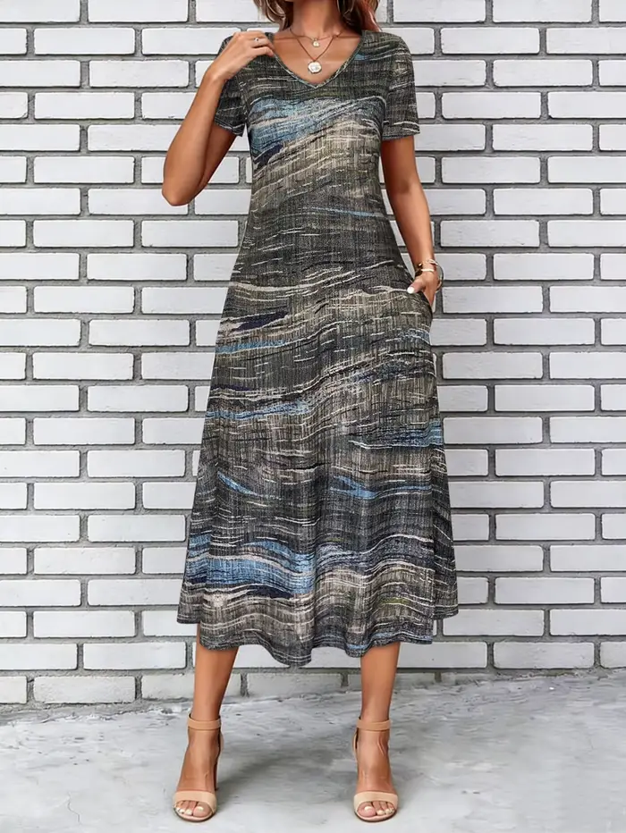 Robe longue grise et bleue à imprimé texturé abstrait pour femme