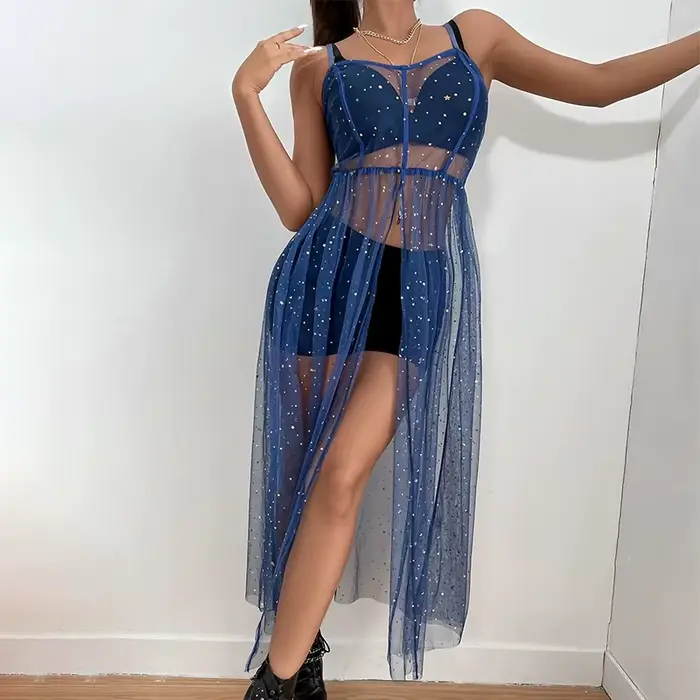 Robe de plage mi-longue fendue à paillettes pour femme