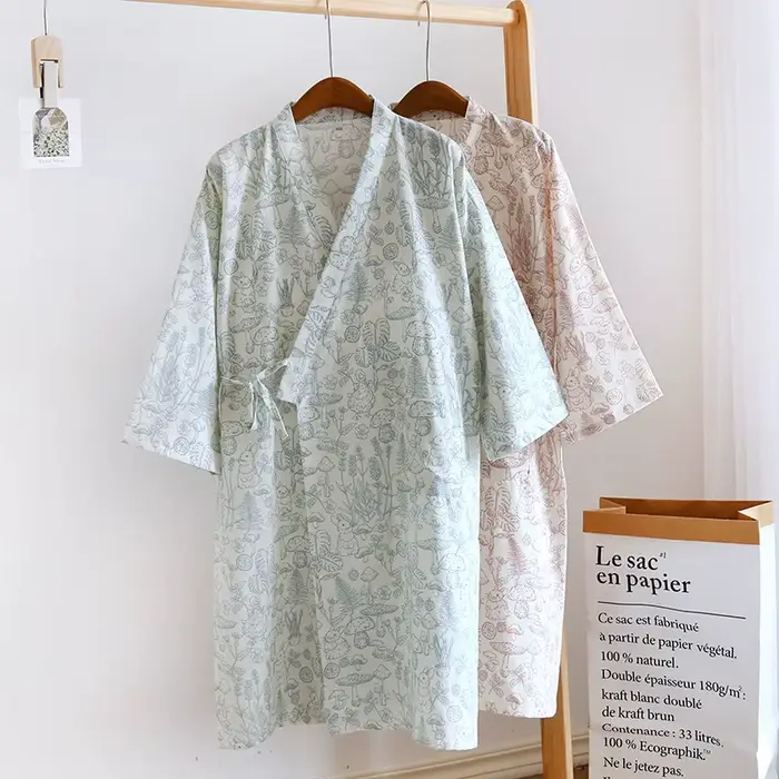 Robe Kimono Japonaise Imprimée Forêt de Champignons 100% Coton Femmes Taille M L Occasions Spéciales Printemps Été