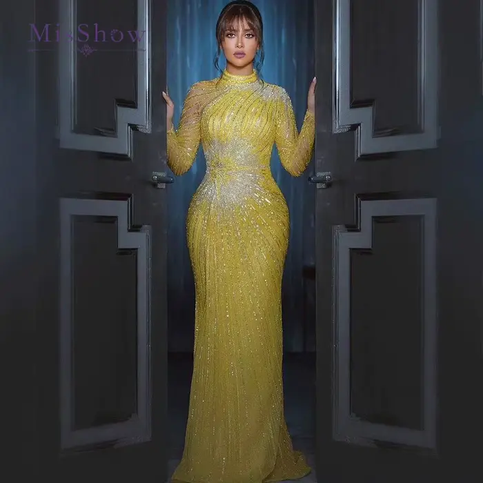 Robe de soirée longue pour femme style arabe sirène en tulle avec perles et pailletés manches longues luxe pour mariage et événement spécial