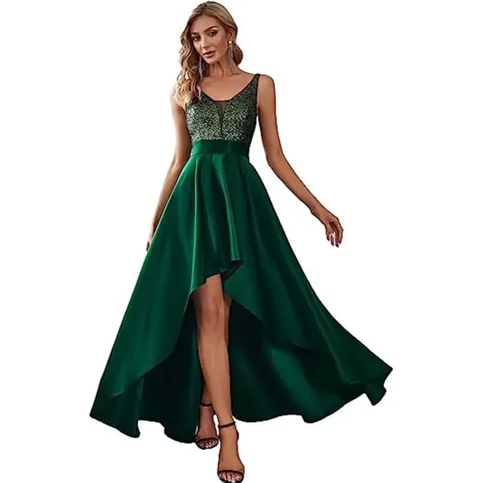 Robe dorée col en V asymétrique à plissé pour soirées officielles femmes occasions spéciales
