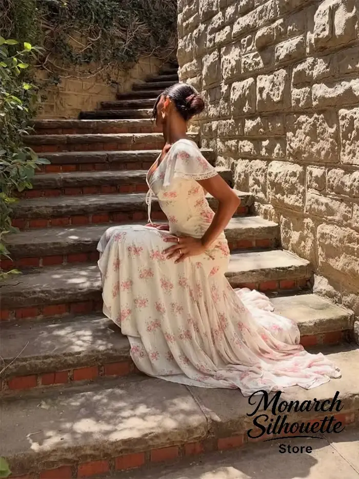 Robe longue plissée à manches volantées imprimé floral chic pour femme style urbain et occasions spéciales