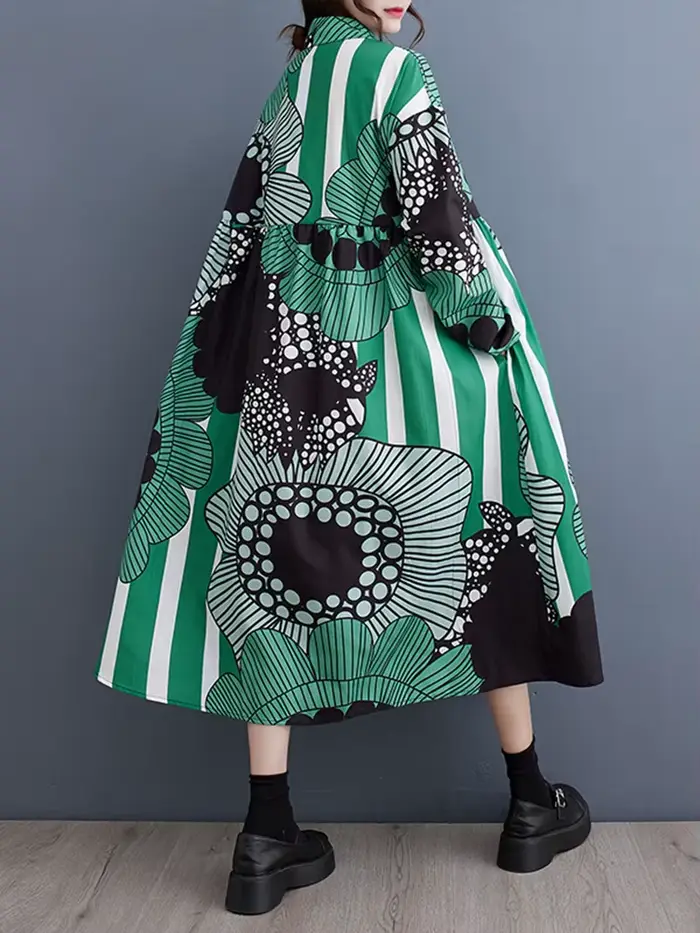 Robe chemise à manches longues imprimée vintage pour femmes, élégante et décontractée, idéale pour l'automne et les occasions spéciales
